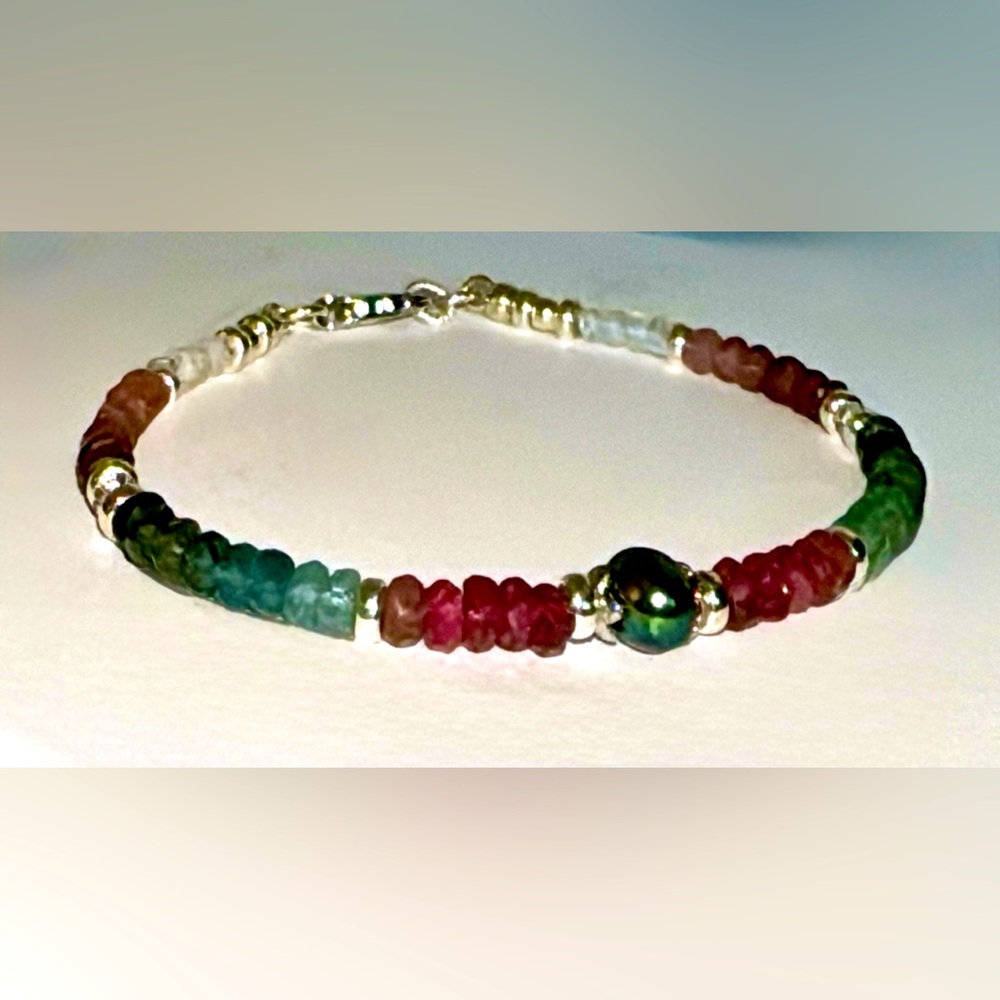 New Multi Tourmaline and Moonstone Bracelet with Peacock Pearl inSterling Silver